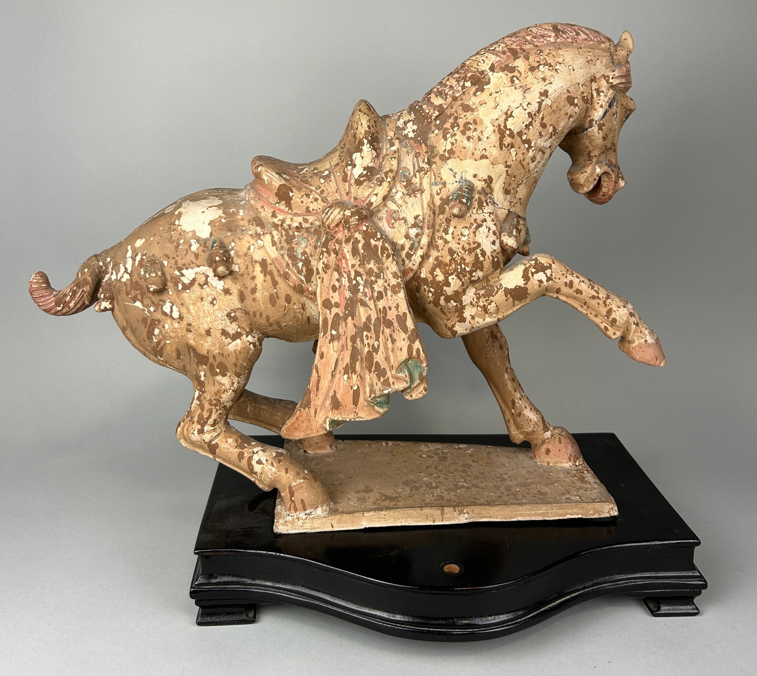 A CHINESE TANG STYLE TERRACOTTA HORSE WITH TRACES OF PIGMENT, 48cm x 38cm x 14cm Sitting on a wooden - Image 2 of 10