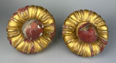 A PAIR OF LARGE CARVED GILT WOOD HANDLES, 30cm x 22cm
