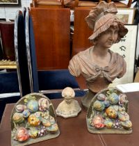 A PLASTER BUST OF A LADY ALONG ANOTHER SMALL EXAMPLE AND TWO PLASTER BOOKENDS WITH FRUITS (4), Large