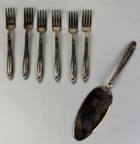 A SET OF SIX SMALL FOREIGN SILVER FORKS AND A SERVER MARKED '800' (7) Weight: 381gms