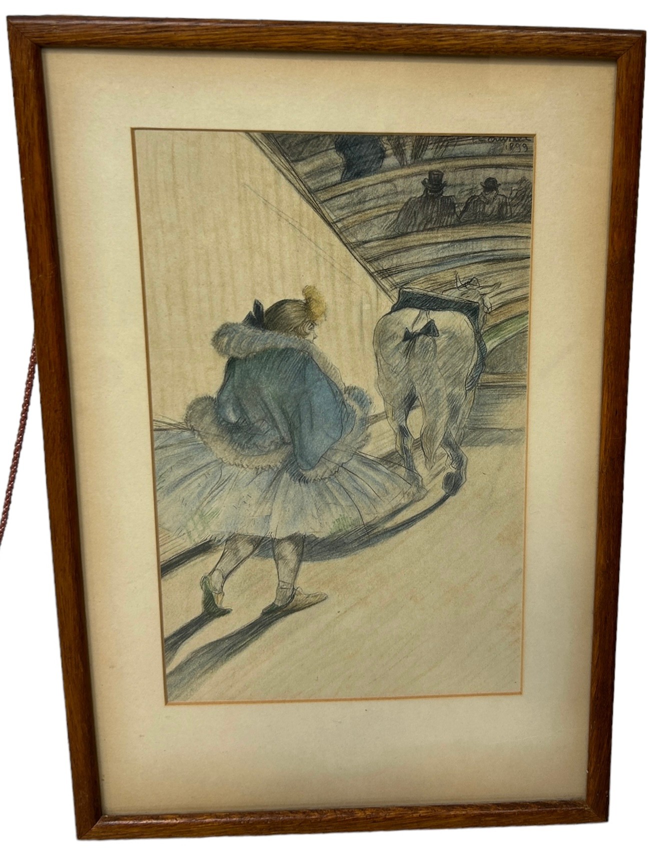 AFTER HENRI DE TOULOUSE-LAUTREC: A THEATRICAL PRINT DEPICTING A LADY BEHIND A HORSE, 27cm x 16cm