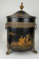 A 19TH CENTURY CHINOISERIE COAL BOX WITH LID, Two handles raised on three lion paw feet. 50cm x 33cm