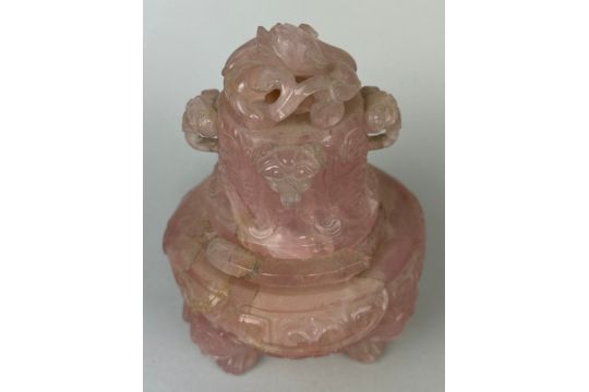 A CHINESE PINK QUARTZ INCENSE BURNER CIRCA LATE 19TH OR EARLY 20TH CENTURY, Damaged. 16cm H - Image 2 of 4