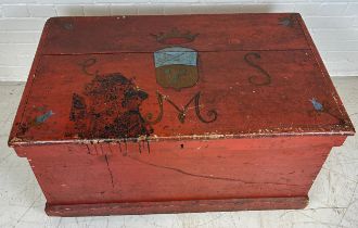 A FOLK ART RED PAINTED PINE TRUNK BELONGING TO THE FAMED MUNTHE FAMILY, FROM SOUTHSIDE HOUSE,