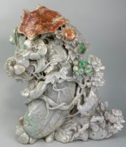 A LARGE CHINESE JADE SCULPTURE DEPICTING FRUITS, FLOWERS AND MICE, 39cm x 33cm