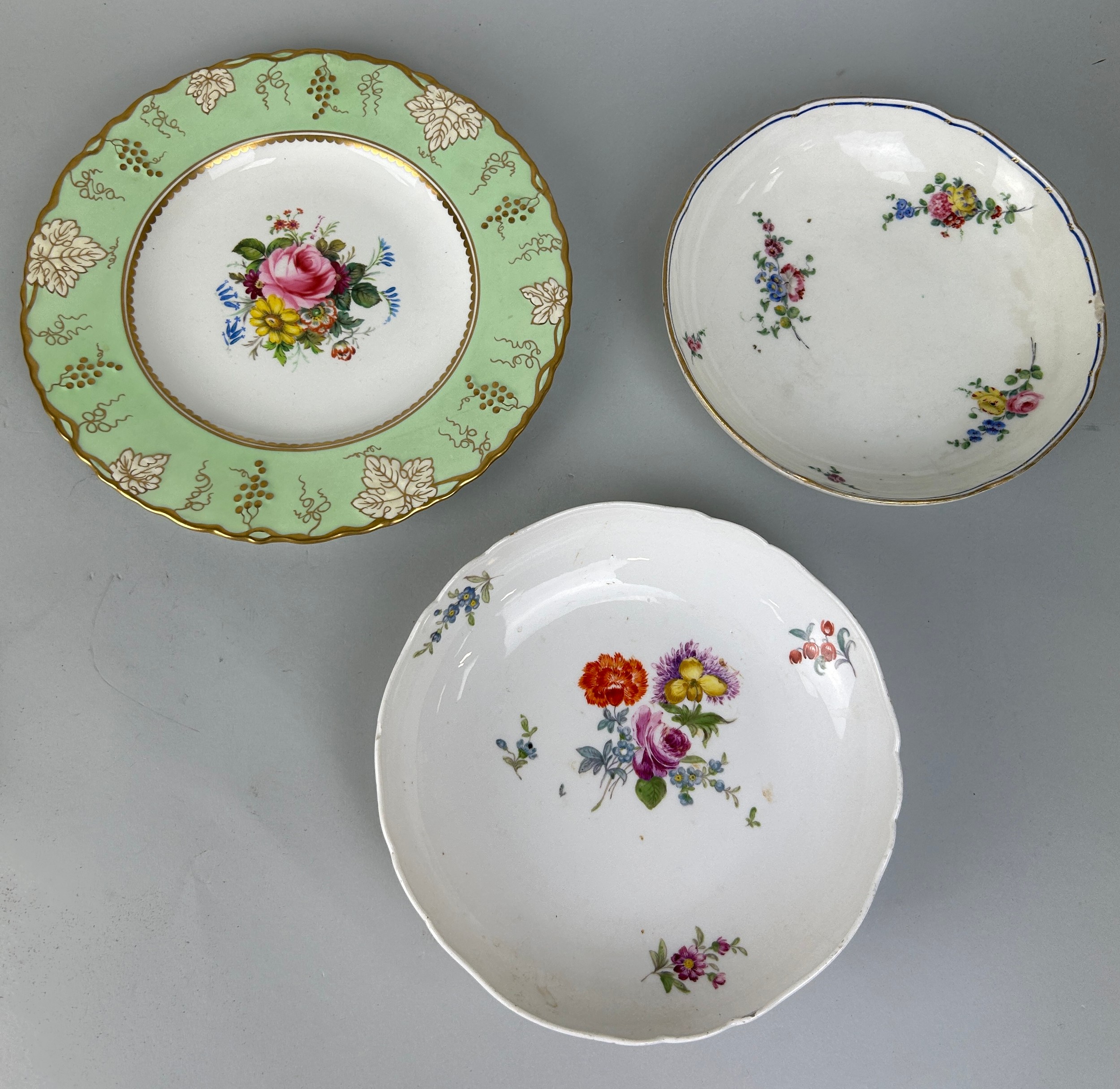 THREE CERAMIC PLATES TO INCLUDE MEISSEN, SEVRES AND ROYAL CROWN DERBY, Meissen and Sevres plates,