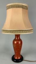 AN EARLY 20TH CENTURY RED AND GILT CHINESE VASE ADAPTED FOR A LAMP, 39cm H With shade 63cm.