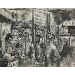 A PEN AND INK DRAWING OF FIGURES IN THE STREET, Unknown artist. 24.5cm x 20cm Mounted in a frame and