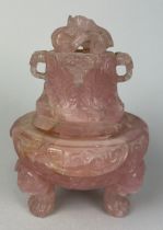 A CHINESE PINK QUARTZ INCENSE BURNER CIRCA LATE 19TH OR EARLY 20TH CENTURY, Damaged. 16cm H