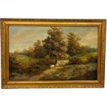 AN OIL ON CANVAS PAINTING DEPICTING A FARMER WITH SHEEP IN THE FIELD, 45cm x 28cm Mounted in a