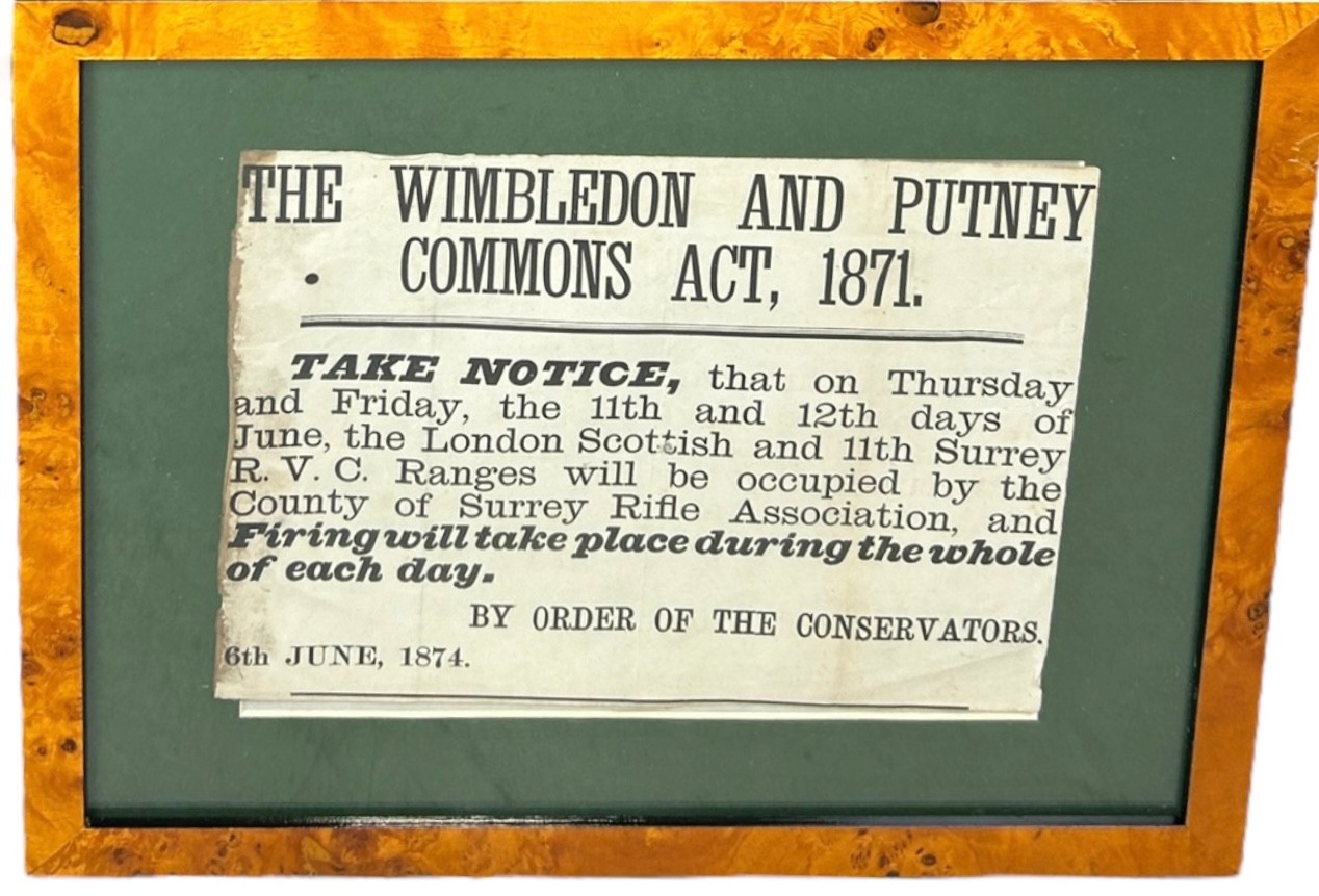 LOCAL WIMBLEDON INTEREST: A FRAMED SIGN 'THE WIMBLEDON AND PUTNEY COMMONS ACT, 1871', 26cm x 19cm