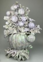 A VERY LARGE AND HEAVY CHINESE JADE SCULPTURE DEPICTING FRUITS, BIRDS AN FOLIAGE, 67cm H x 43cm W