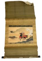 A 19TH CENTURY JAPANESE PAINTING ON SCROLL DEPICTING A HORSE AND RIDER WITH BLOSSOM TREES, 36cm x