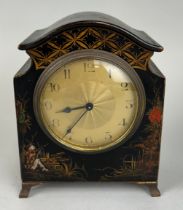 A CHINESE BLACK LACQUERED CHINOISERIE CLOCK, 17cm x 13cm x 7cm