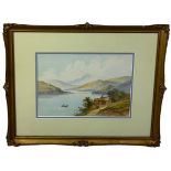 A WATERCOLOUR PAINTING ON PAPER DEPICTING A LAKESIDE IN THE SCOTTISH HIGHLANDS, 33cm x 24cm