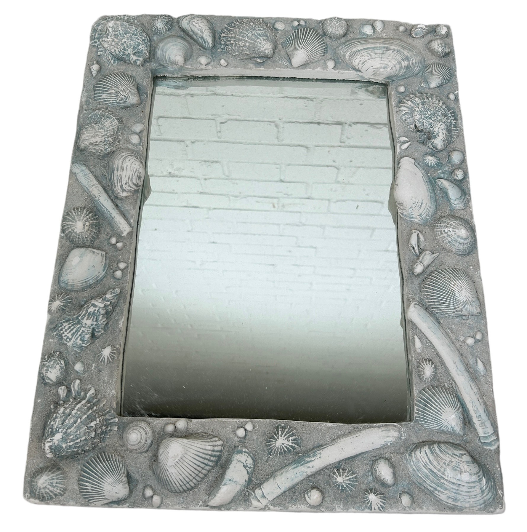 A GREY PAINTED SHELL MOTIF WALL MIRROR, 50cm x 38cm