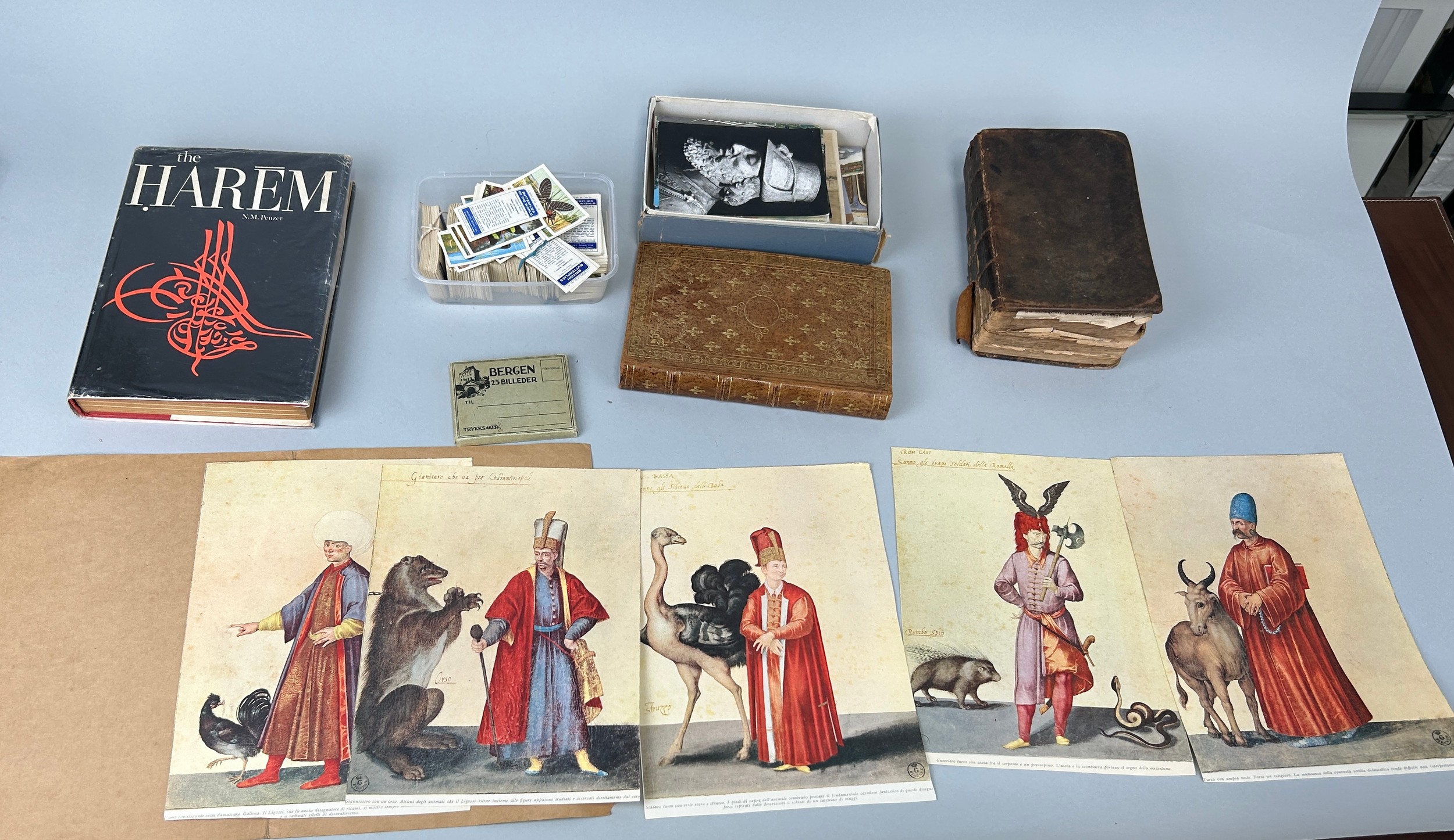 AN OTTOMAN / TURKISH GROUP OF BOOK, BIBLE, PRINTS, CIGARETTE CARDS AND POSTCARDS