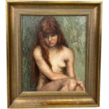 AN OIL ON CANVAS PAINTING DEPICTING A NUDE LADY, 31cm x 26cm Mounted in a frame 42cm x 37cm