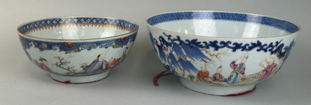 TWO 18TH OR 19TH CENTURY CHINESE EXPORT PUNCH BOWLS, Largest 27cm D