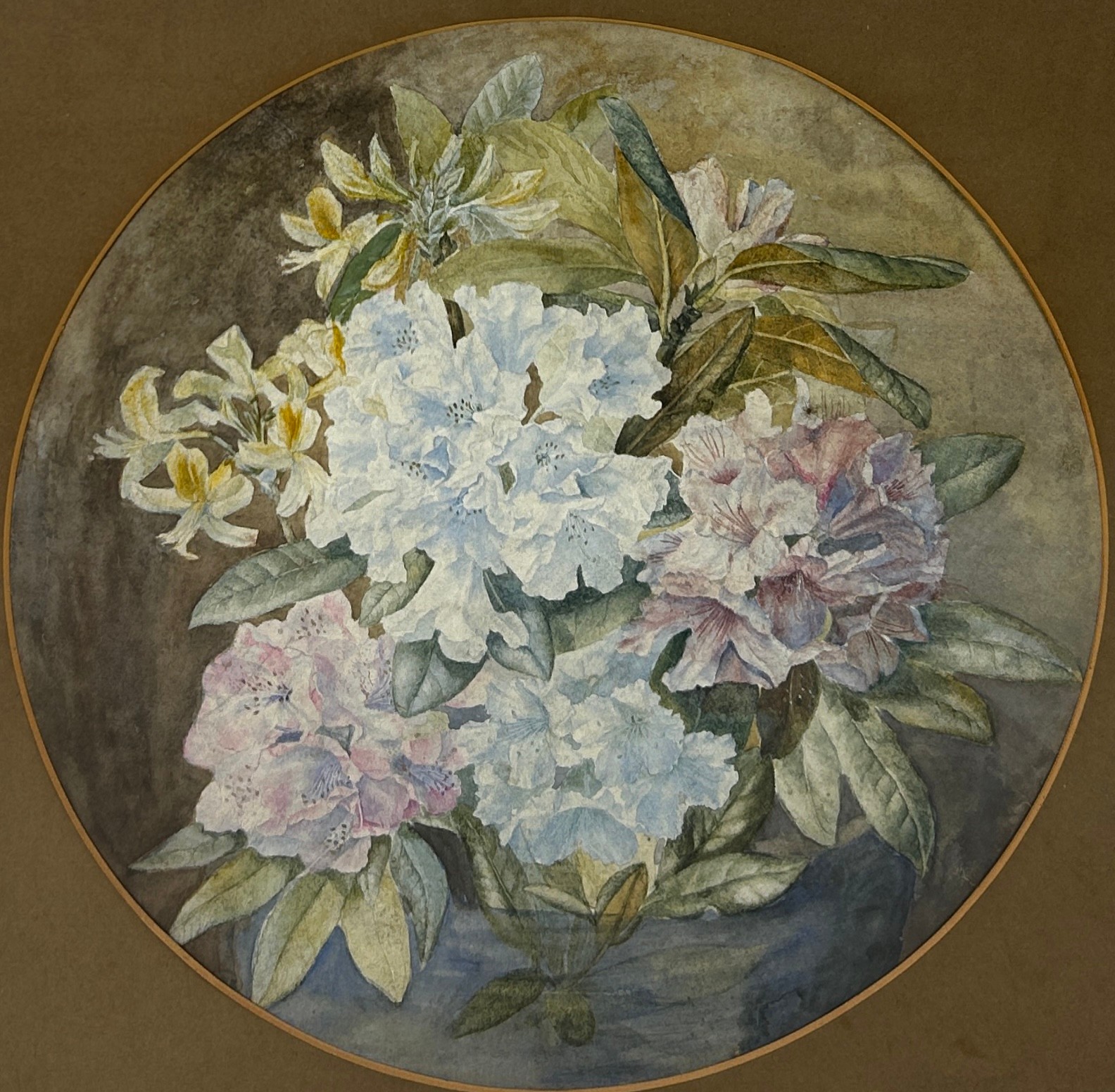 A WATERCOLOUR PAINTING ON PAPER DEPICTING FLOWERS, 42cm x 42cm In circular mount, framed and glazed. - Image 2 of 4