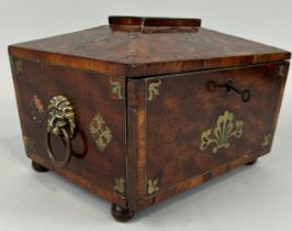 A REGENCY PERIOD BOX WITH BRASS INLAY AND LION HEAD HANDLES, The fall front opening to reveal