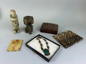 A GROUP OF MOSTLY CHINESE ITEMS TO INCLUDE BRONZE DING SET WITH STONES, CINNABAR LACQUERED BOX