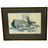A WATERCOLOUR PAINTING ON PAPER DEPICTING A GARDEN SHED, Signed R.M. Bolton. 59cm x 38cm Framed