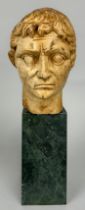 A ROMAN STYLE BUST OF AN EMPEROR ON GREEN MARBLE STAND, Bust 17cm x 11cm Mounted (loose) on stand