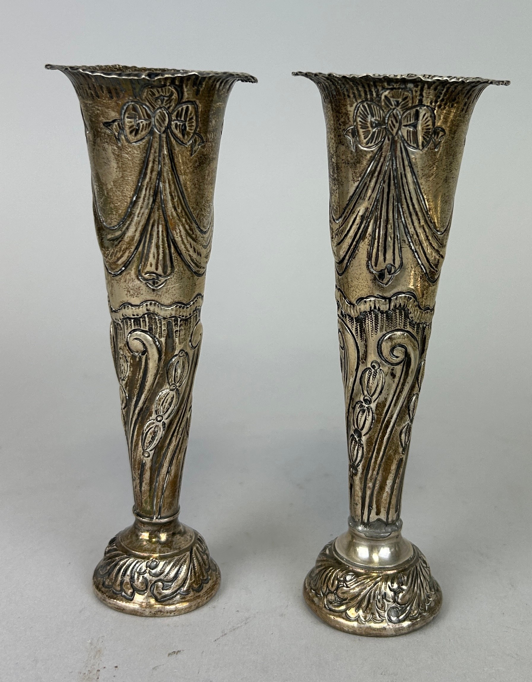 A PAIR OF SILVER POSY VASES, Marked for London, 'WC JL', 14cm H Weighted. Total weight: 325gms - Image 3 of 3