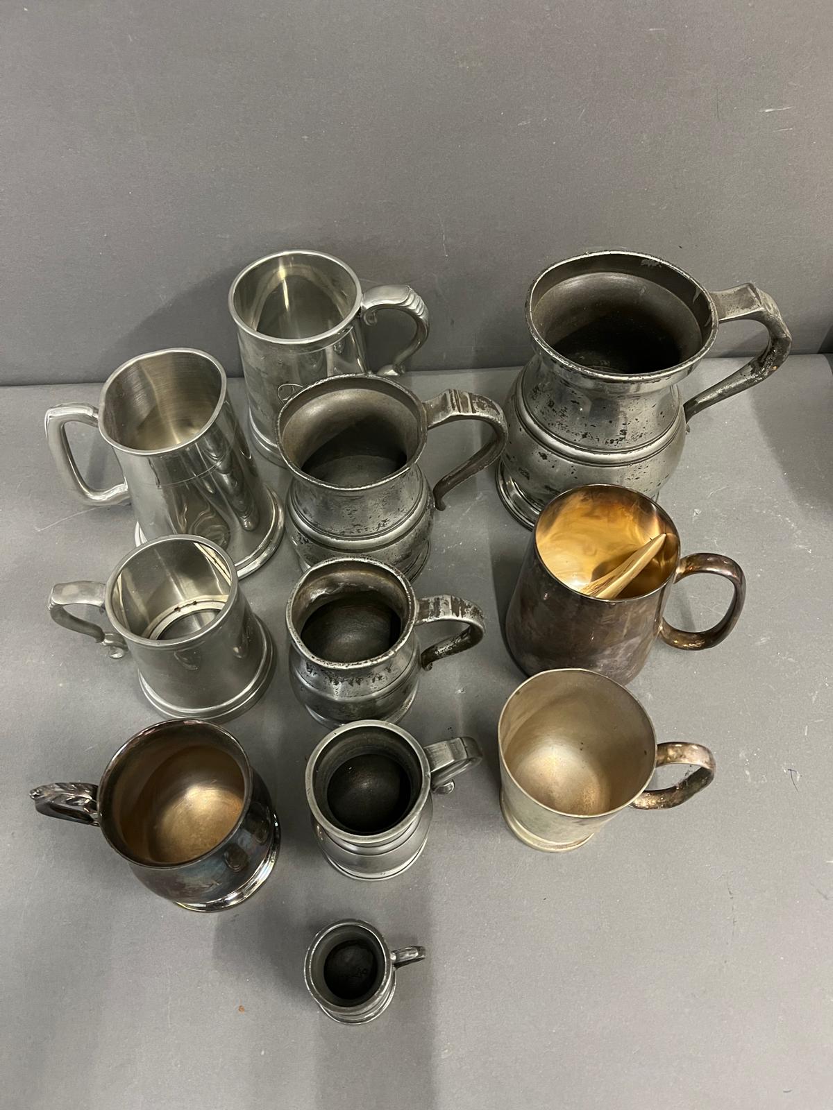 A selection of eleven tankards, various makers, styles some pewter, some silverplate and various - Image 3 of 7