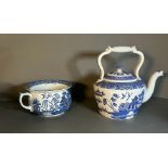 Two blue and white chinese style ceramics. A tea pot and a chamber pot