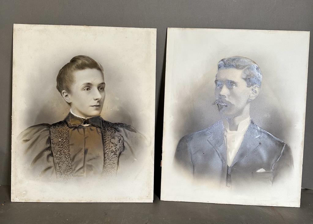 A pair of on glass Victorian portrait photographs.