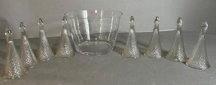 A glass punch bowl and six cut glass punch glasses