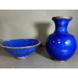 A large Studio Pottery cobalt blue vase and matching bowl (H32cm)