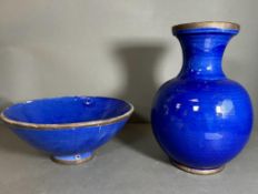 A large Studio Pottery cobalt blue vase and matching bowl (H32cm)