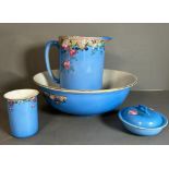 Three pieces of Royal Staffordshire ceramics in blue with rose pattern, a wash bowl and jug, a small