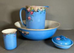 Three pieces of Royal Staffordshire ceramics in blue with rose pattern, a wash bowl and jug, a small