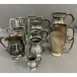 A selection of eleven tankards, various makers, styles some pewter, some silverplate and various