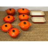 Nine Le Creuset casserole dishes etc