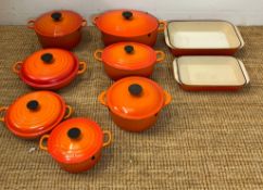 Nine Le Creuset casserole dishes etc