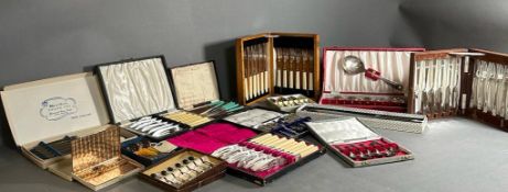 A large selection of boxed silver plated and EPNS cutlery sets, various styles, and makers.