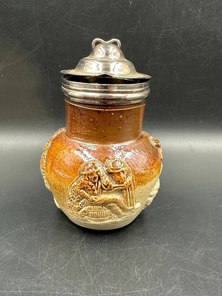 A 19th Century Doulton salt glazed mustard pot with white metal collar and lid - Image 3 of 3