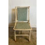 A white painted Mid Century chair with baby blue seat and back AF