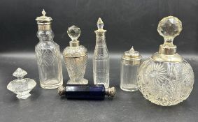 Six white metal and silver plate cut glass bottle to include perfume bottles and salt cellars