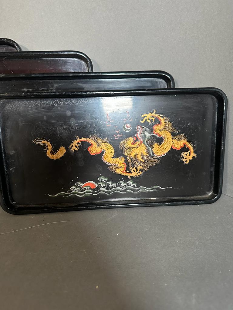 A set of five Chinese lacquered trays with golden central dragons - Image 4 of 8