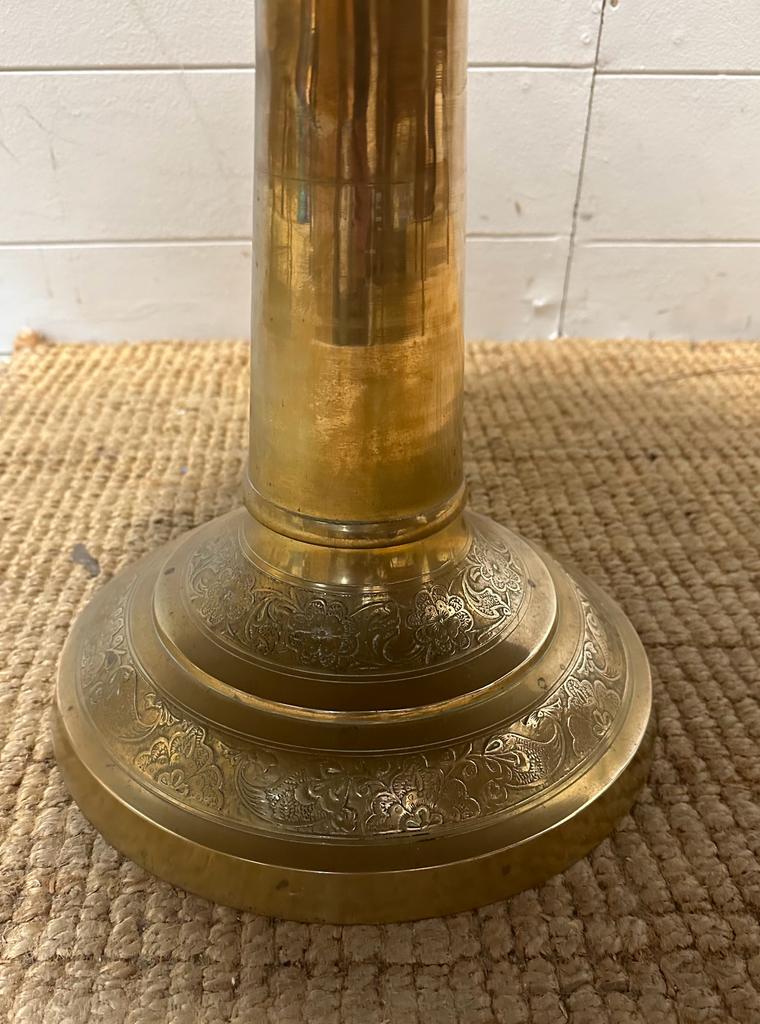 A brass engraved Middle Eastern tea table on brass engraved stand. Diameter 82 height 38 - Image 3 of 4