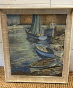 An oil on canvas of a fishing harbour signed lower right 1958