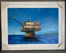 Ian Hargreaves (English 1957-) oil on canvas of a an oil rig signed bottom left (69cm x 49cm)