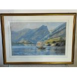 Mountain scene with fishing boats, unknow artist 50cm x 33cm