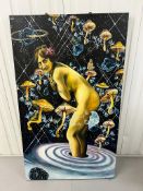 A psychedelic oil on canvas featuring a nude woman and flying mushrooms signed bottom right A